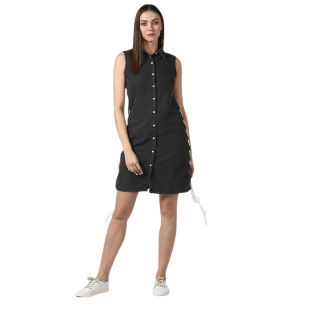 Women's Denim Solid Sleeveless Dress (Black) Women's Denim Solid Sleeveless Dress (Black)
