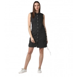 Women's Denim Solid Sleeveless Dress (Black)