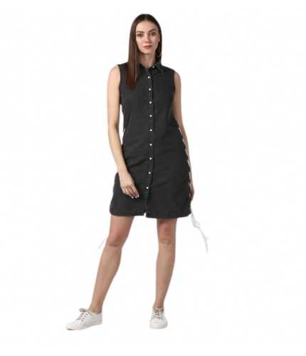 Women's Denim Solid Sleeveless Dress (Black)