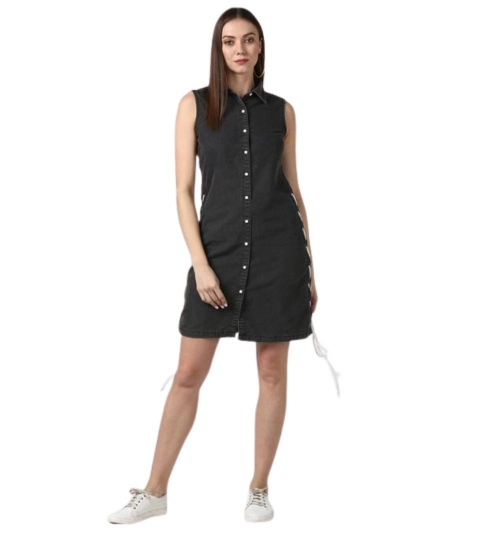 Women's Denim Solid Sleeveless Dress (Black)