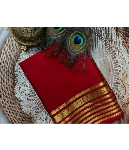 Women's Crepe Chit Pallu Solid Saree With Unstitched Blouse 5.5Mtr (Red)