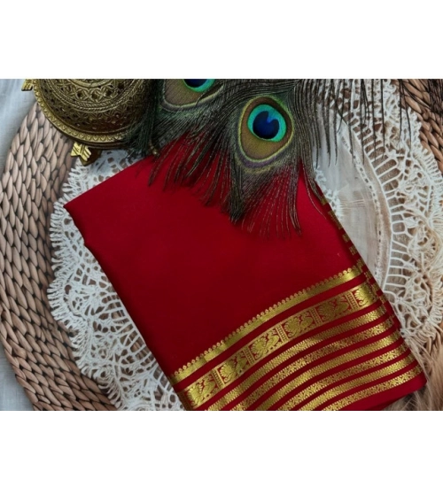 Women's Crepe Chit Pallu Solid Saree With Unstitched Blouse 5.5Mtr (Red)