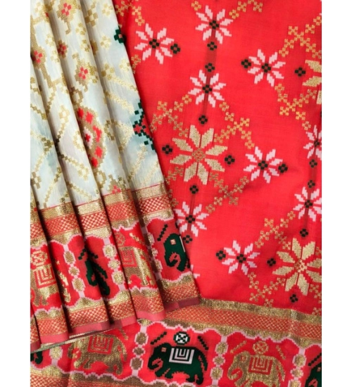 Women's Patola Silk Meena And Zari Woven Saree With Unstitched Blouse 5.5Mtr (White)