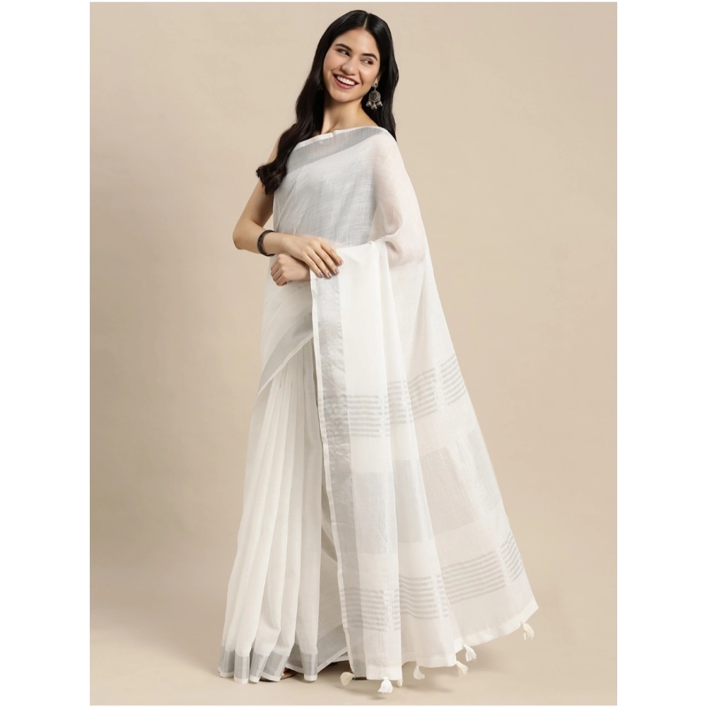 Women's Linen Cotton Printed Saree With Unstitched Blouse 5.5Mtr (White) Women's Linen Cotton Printed Saree With Unstitched Blouse 5.5Mtr (White)