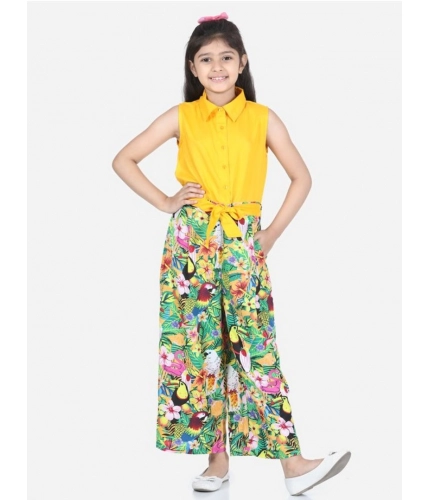 Girl's Rayon Flamingo Print Sleeveless Jumpsuit (Yellow-Multicolor)