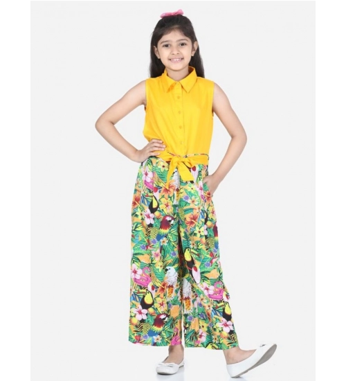 Girl's Rayon Flamingo Print Sleeveless Jumpsuit (Yellow-Multicolor)