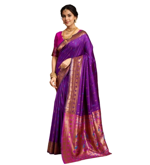 Women's Silk Blend Zari Woven Saree With Unstitched Blouse 5.5Mtr (Purple)