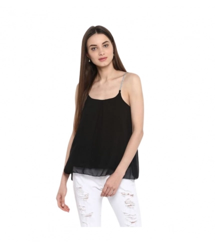 Women's Polyester Embellished Shoulder Straps Top (Black)