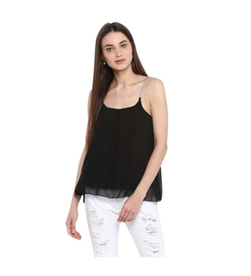 Women's Polyester Embellished Shoulder Straps Top (Black)