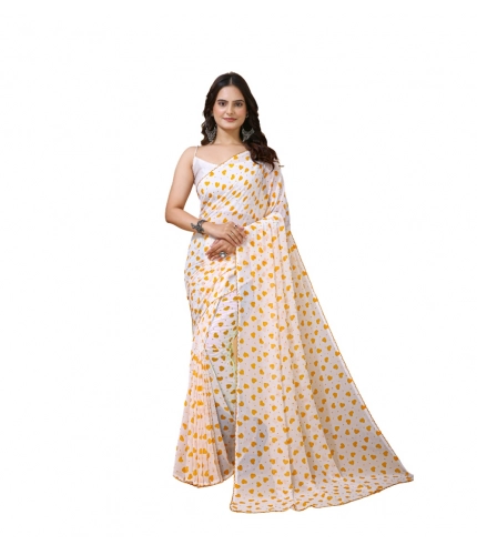 Women's Georgette Printed Saree With Unstitched Blouse 5.5Mtr (White-Yellow)