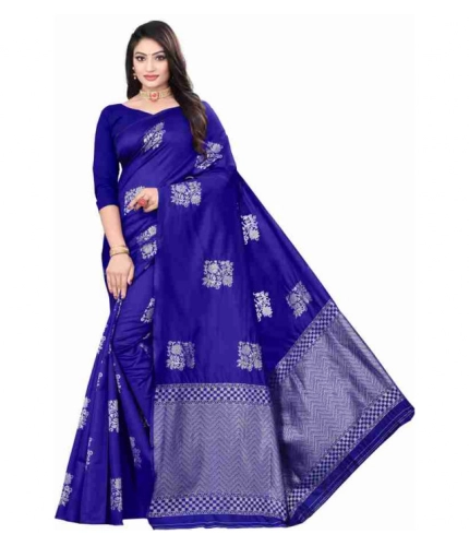 Women's Soft Lichi Silk Printed Saree With Unstitched Blouse 5.5Mtr (Royal-Blue)