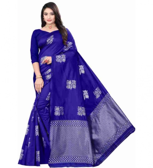 Women's Soft Lichi Silk Printed Saree With Unstitched Blouse 5.5Mtr (Royal-Blue)