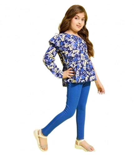 Girl's Polyester Floral One Shoulder Jeggings Set (Blue)