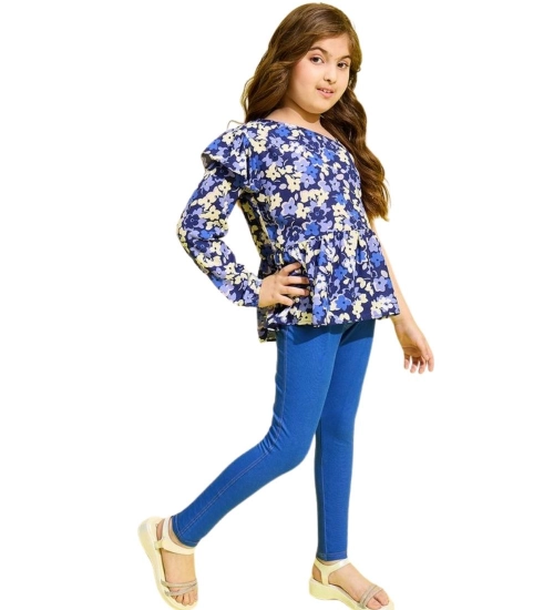 Girl's Polyester Floral One Shoulder Jeggings Set (Blue)
