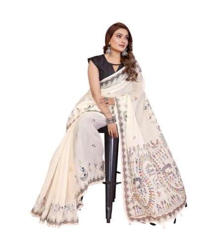 Women's Linen Cotton Printed Saree With Unstitched Blouse 5.5Mtr (Off White)