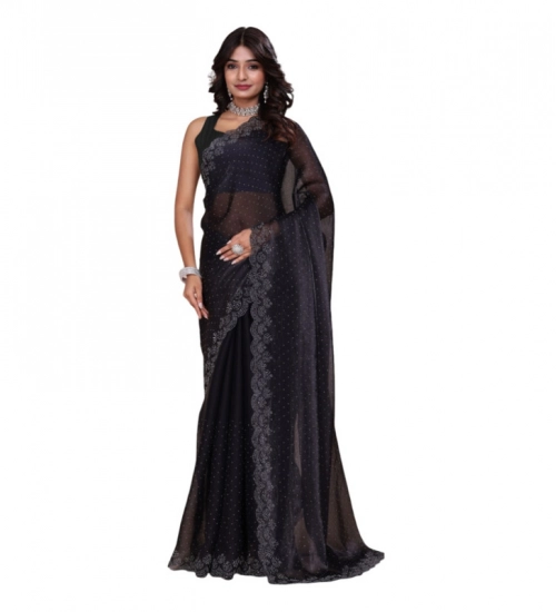 Women's Jimmy choo Embellished Bollywood Saree With Unstitched Blouse 5.5Mtr (Black)