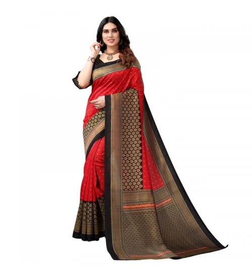 Women's Litchi silk Printed Saree With Unstitched Blouse  5-6 Mtrs (Red)