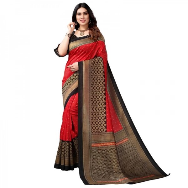 Dropship Women's Litchi silk Printed Saree With Unstitched Blouse  5-6 Mtrs (Red)