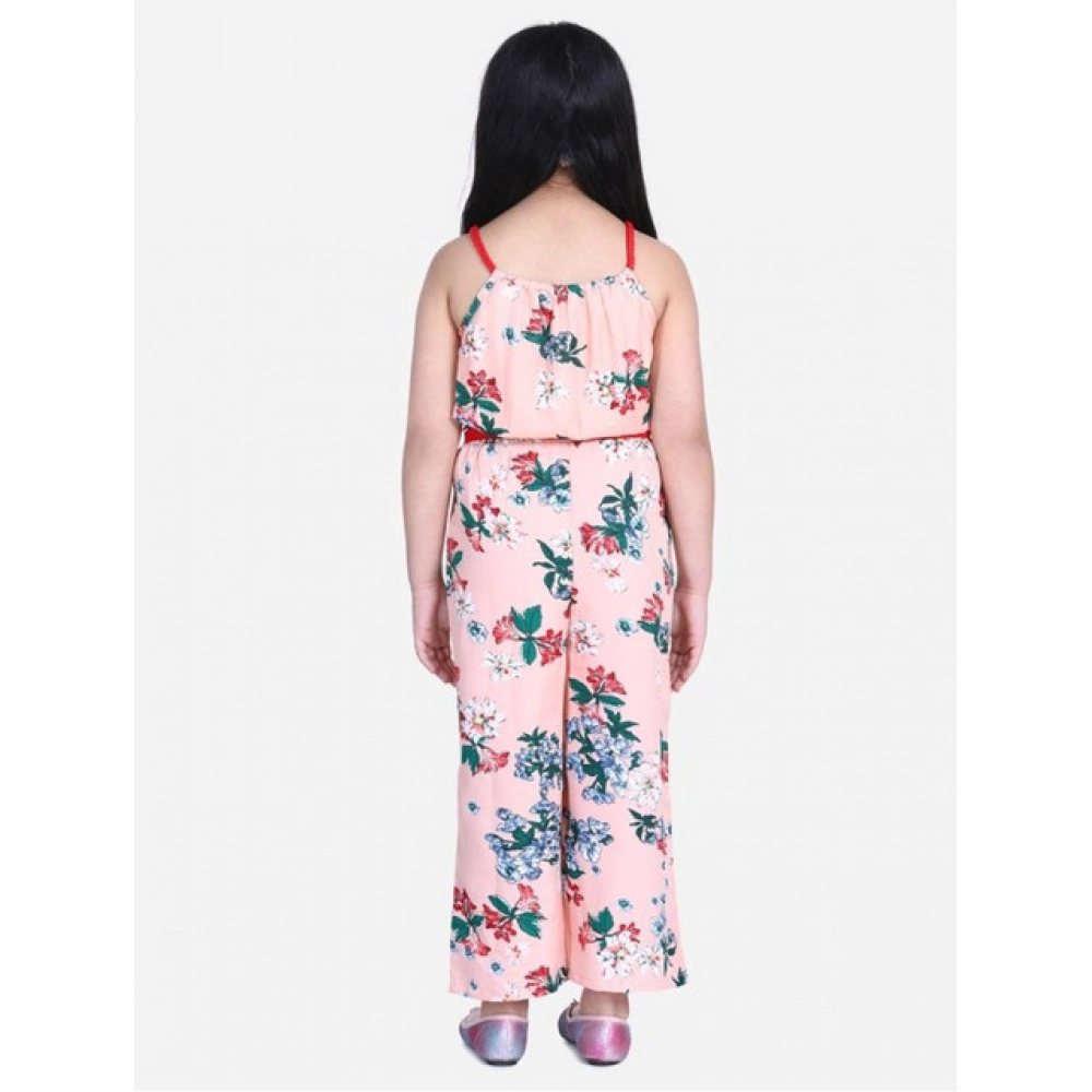 Girl's Polyester Crepe Floral Shoulder Straps Jumpsuit (Peach-Red)