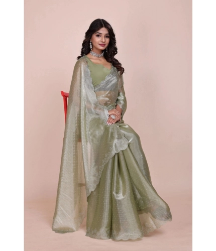 Women's Jimmy choo Embellished Bollywood Saree With Unstitched Blouse 5.5Mtr (Light Green)