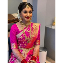 Women's Litchi silk Printed Saree With Unstitched Blouse (Pink)