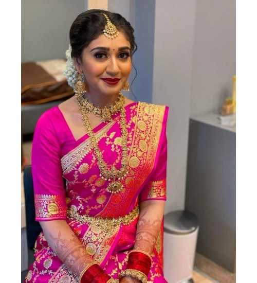 Women's Litchi silk Printed Saree With Unstitched Blouse (Pink)