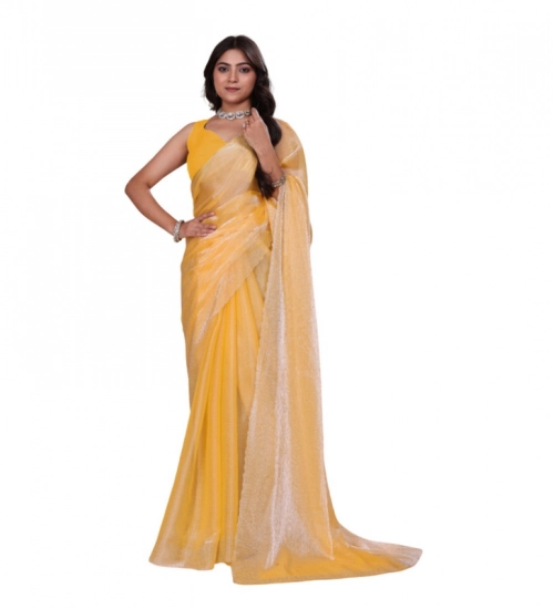 Women's Jimmy choo Embellished Bollywood Saree With Unstitched Blouse 5.5Mtr (Yellow)