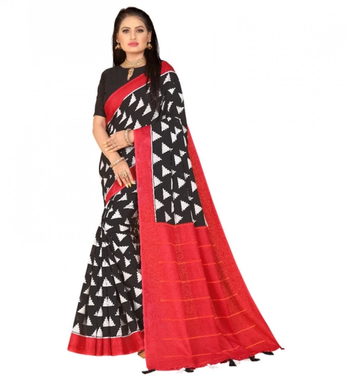 Women's Soft Pure Cotton Printed Saree With Unstitched Blouse 5.5Mtr (Black)