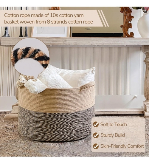 Cotton 16x14 Inch Pack of 1 Storage Basket For Clothes (Beige- Beige Black)