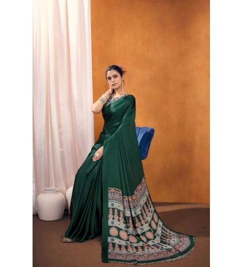 Women's Satin Crepe Printed Saree With Unstitched Blouse 5.5Mtr (Bottle Green)