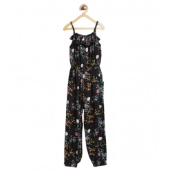 Girl's Rayon Floral Sleeveless Jumpsuit (Black-Pink)