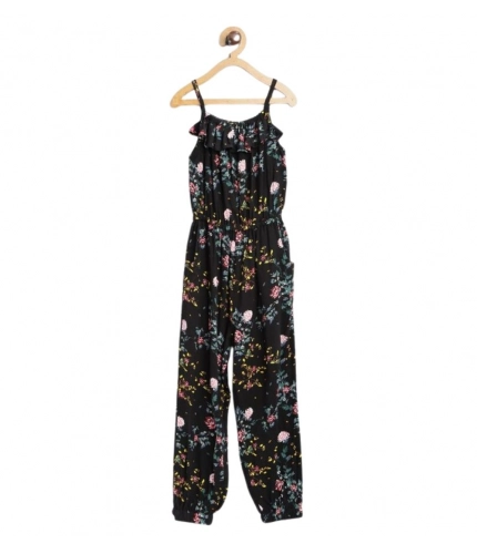 Girl's Rayon Floral Sleeveless Jumpsuit (Black-Pink)