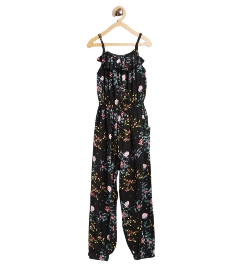 Girl's Rayon Floral Sleeveless Jumpsuit (Black-Pink)