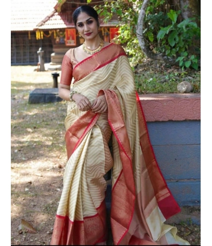 Women's Litchi silk Printed Saree With Unstitched Blouse (Beige)