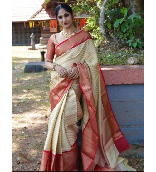 Women's Litchi silk Printed Saree With Unstitched Blouse (Beige)