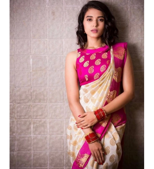 Women's Soft Lichi Silk Printed Saree With Unstitched Blouse 5.5Mtr (White)