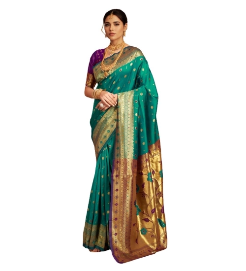 Women's Silk Blend Zari Weaving Saree With Unstitched Blouse 5.5Mtr (Teal)