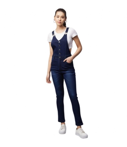 Women's Denim Lycra Solid Buttoned Dungaree (Navy)