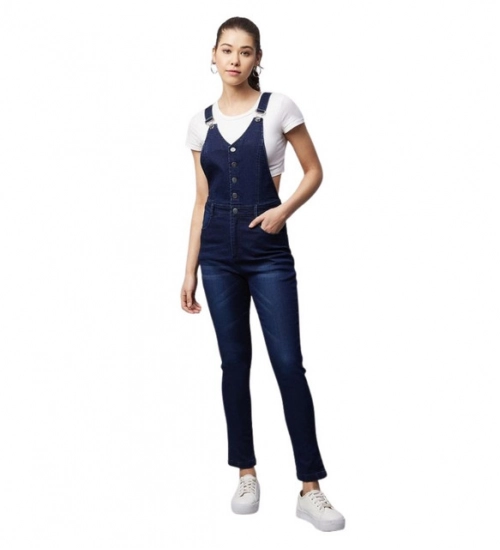 Women's Denim Lycra Solid Buttoned Dungaree (Navy)