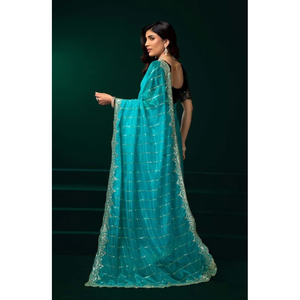 Women's Net Sequence Saree With Unstitched Blouse 5.5Mtr (Turquoise) Women's Net Sequence Saree With Unstitched Blouse 5.5Mtr (Turquoise)