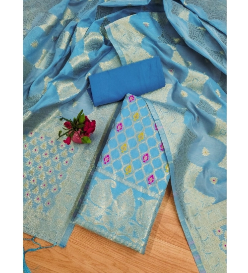 Women's Banarasi Silk Printed Unstitched Salwar Suit Material With Dupatta (Sky Blue, 3Mtrs)