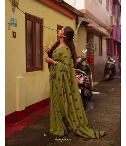 Women's Linen Printed Saree With Unstitched Blouse 5.5Mtr (Green)