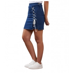 Women's Denim Lycra Solid Button Skirt (Blue)