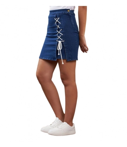 Women's Denim Lycra Solid Button Skirt (Blue)