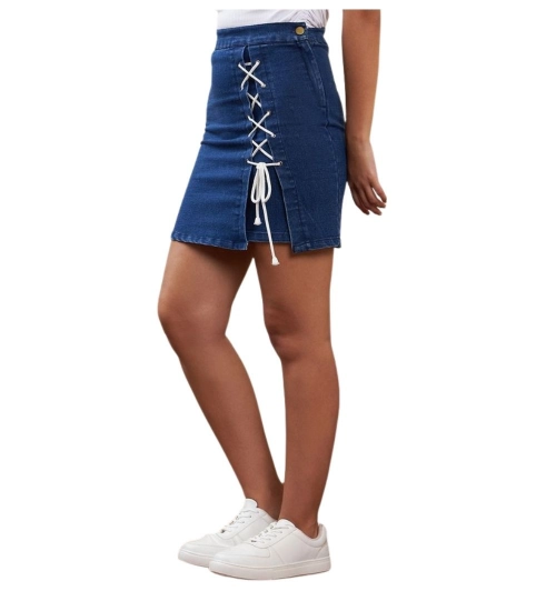 Women's Denim Lycra Solid Button Skirt (Blue)