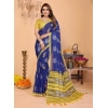 Women's Linen Cotton Printed Saree With Unstitched Blouse 5.5Mtr (Blue)