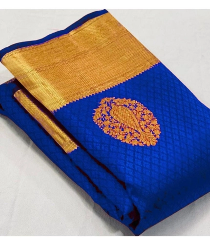 Women's Soft Lichi Silk Printed Saree With Unstitched Blouse 5.5Mtr (Royal-Blue)