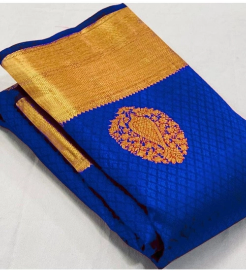 Women's Soft Lichi Silk Printed Saree With Unstitched Blouse 5.5Mtr (Royal-Blue)