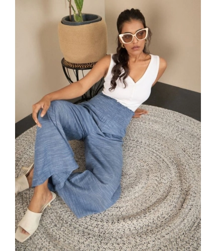 Women's Cotton Self Design Smocked Trousers (Blue)