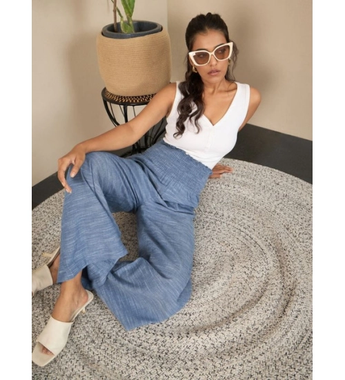 Women's Cotton Self Design Smocked Trousers (Blue)